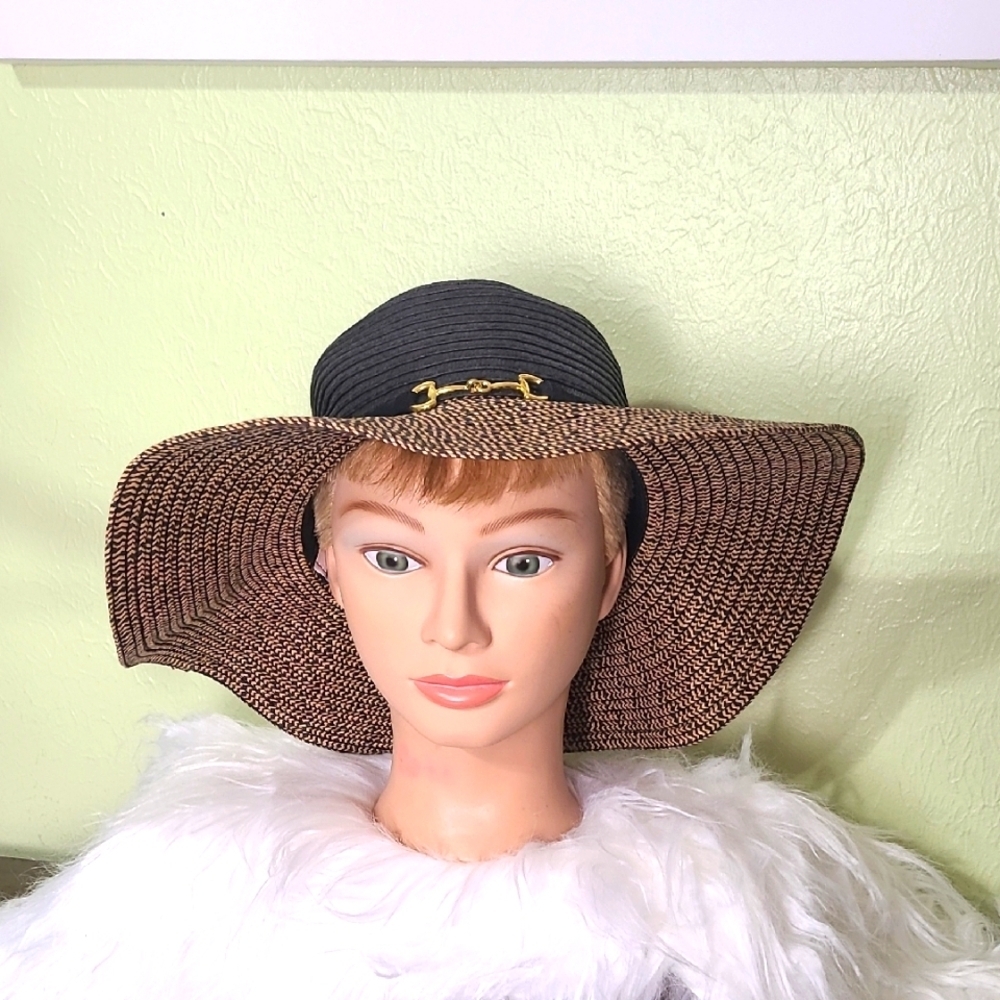 Two-Tone Black & Natural Color Floppy Hat with a Gold Accent in the Center